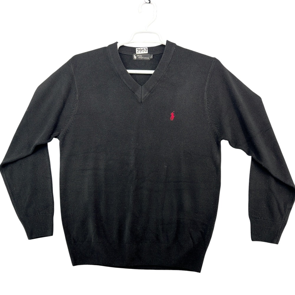 Polo Ralph Lauren Mens V-Neck Sweater Black 100% Cashmere Red Pony Size L